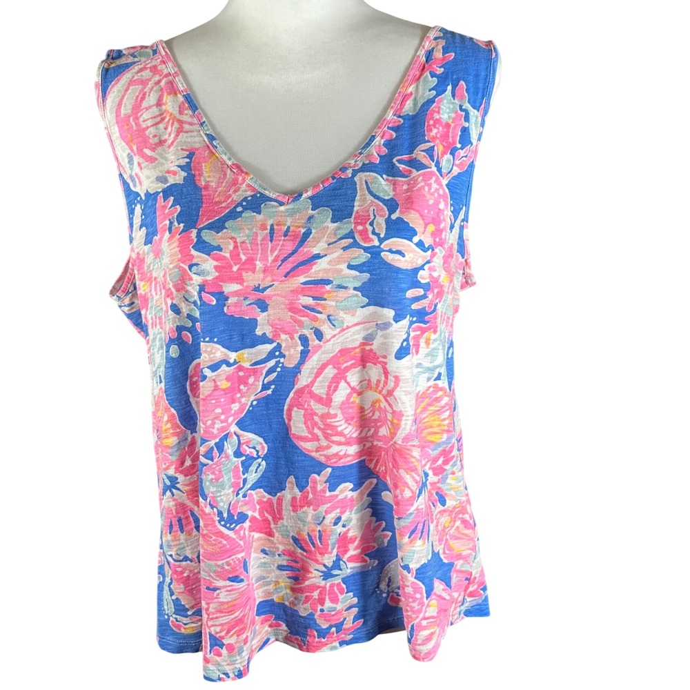 Lilly Pulitzer Tank Top Women XL Blue Pink Floral V-Neck Cotton Slub Sleeveless